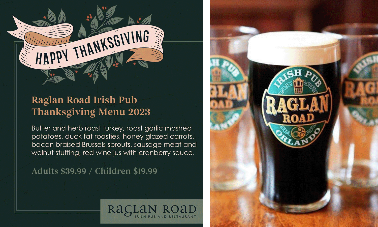 two images with green menu and raglan road beer pint